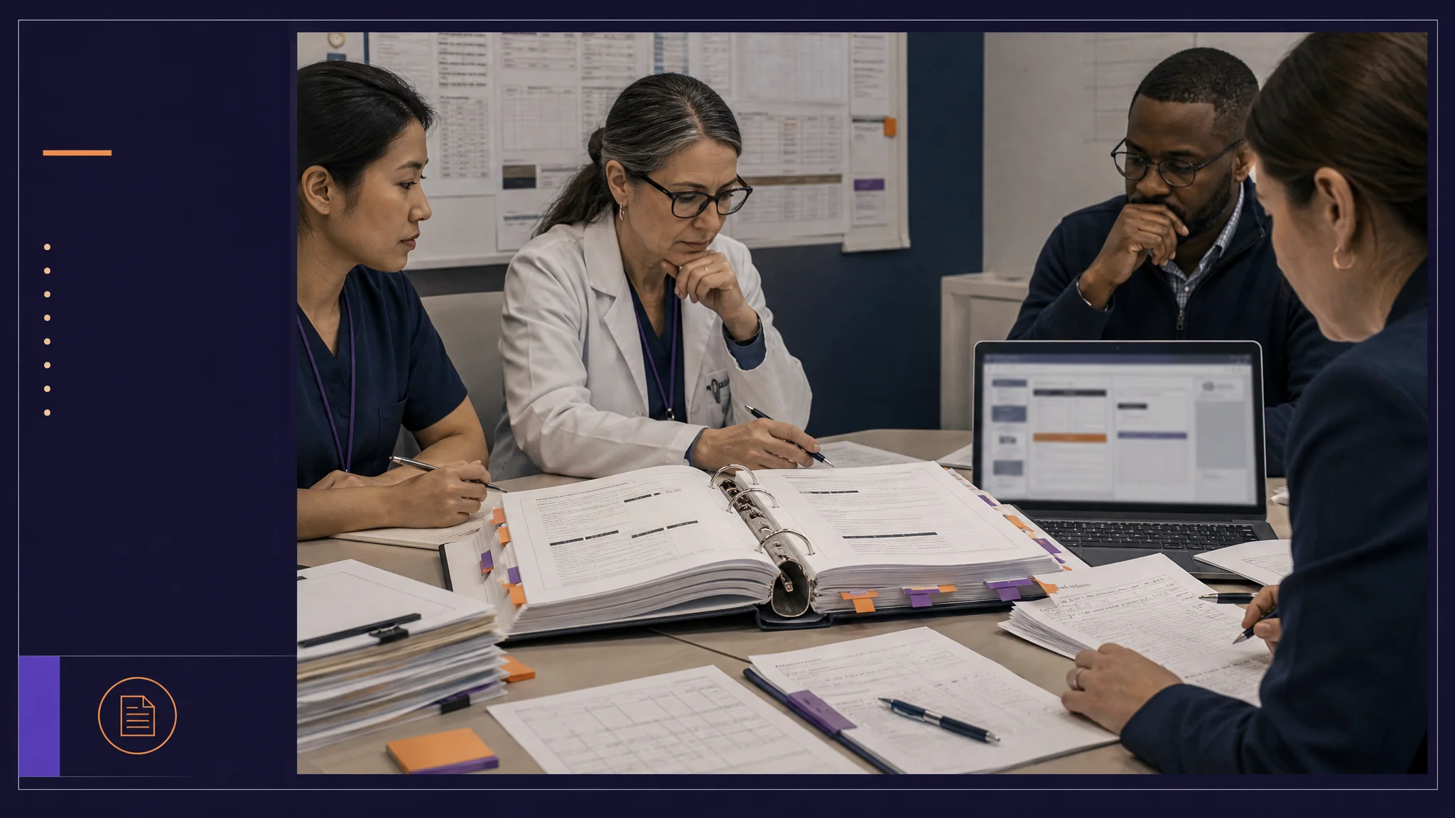 Four professionals collaborate around a table filled with documents and a laptop, focused on discussing a binder.