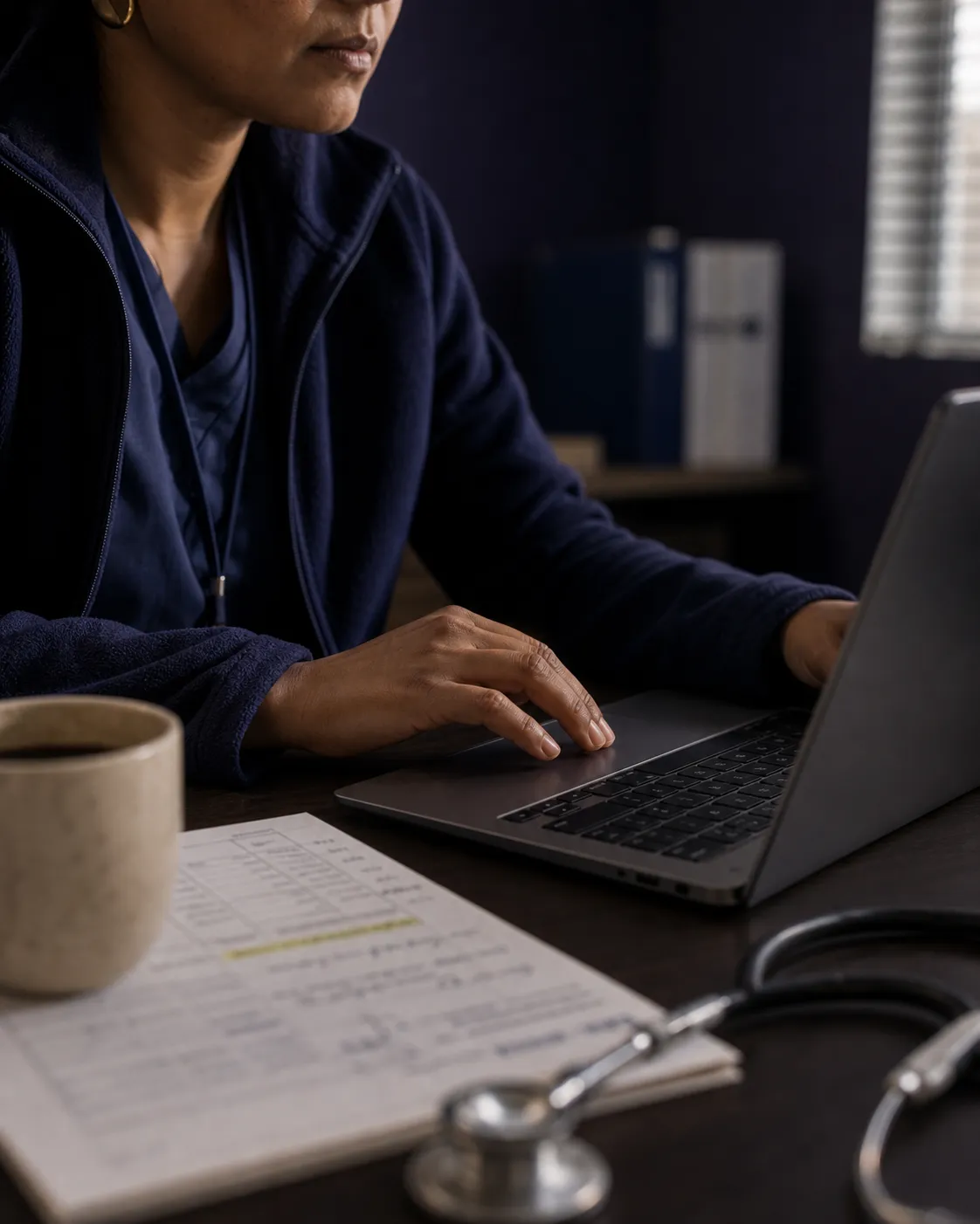 Editorial scene of a coordinator at her EHR workstation Monday morning